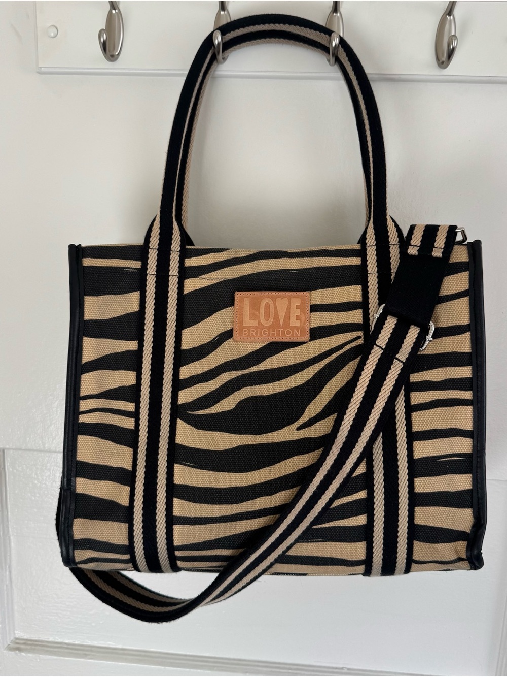 Brighton Black and Tan Zebra-Print Tote with Striped Strap